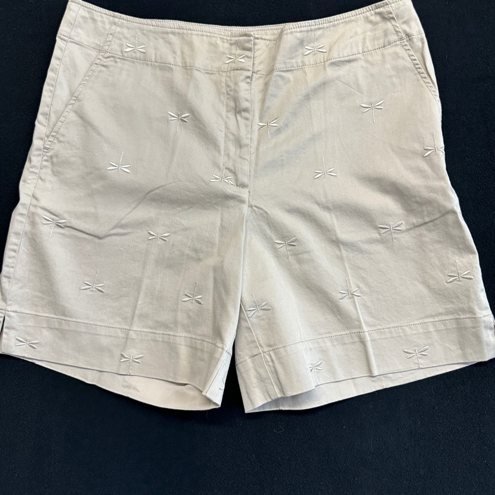 Talbots Khaki Dragonfly Embroidered Stretch Shorts Tan Beige Womens 12